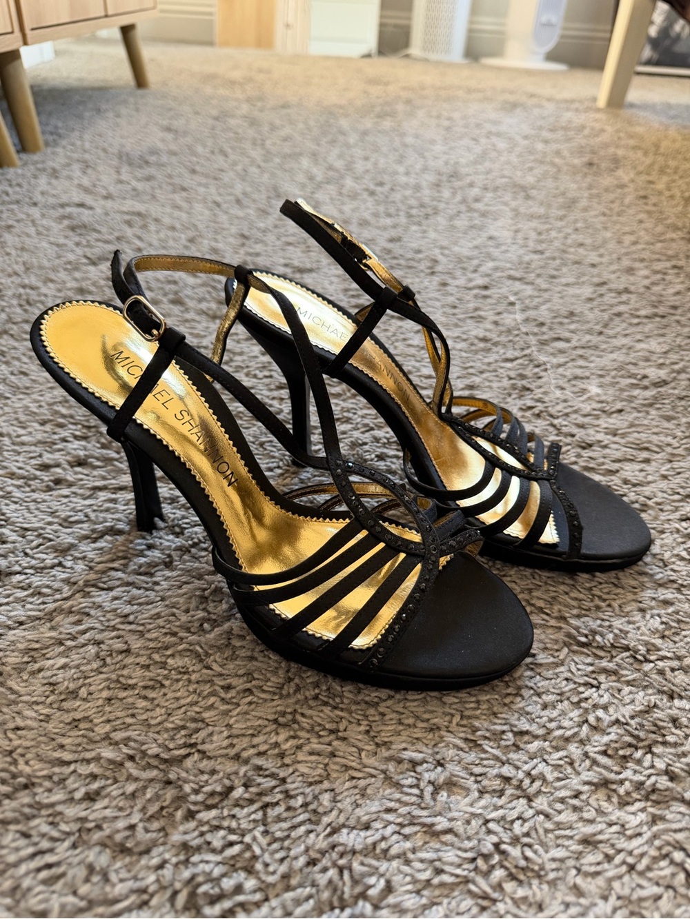 Michael Shannon Black Strappy Slingback Heels with Gold Insole